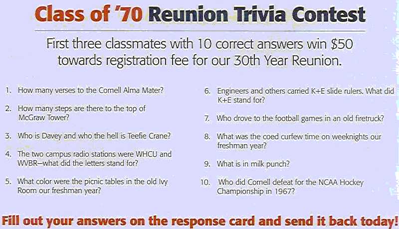 the Class of '70 Reunion 2000 Trivia Questions